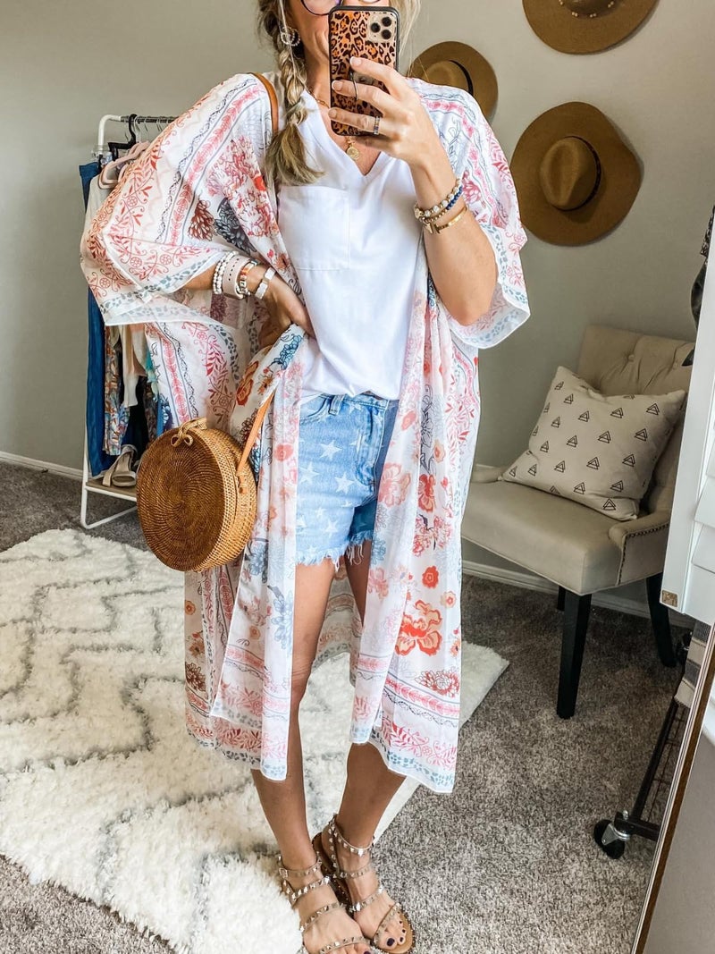 Maybuy Women's Floral Chiffon Kimono Cardigan Long Flowy Beach Cover-Ups Bikini Swimsuit Open Front Tops Summer Sheer (Multicolored, Small) - Image 3